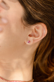 Aretes Rubi c/medio halo diamantes 14k