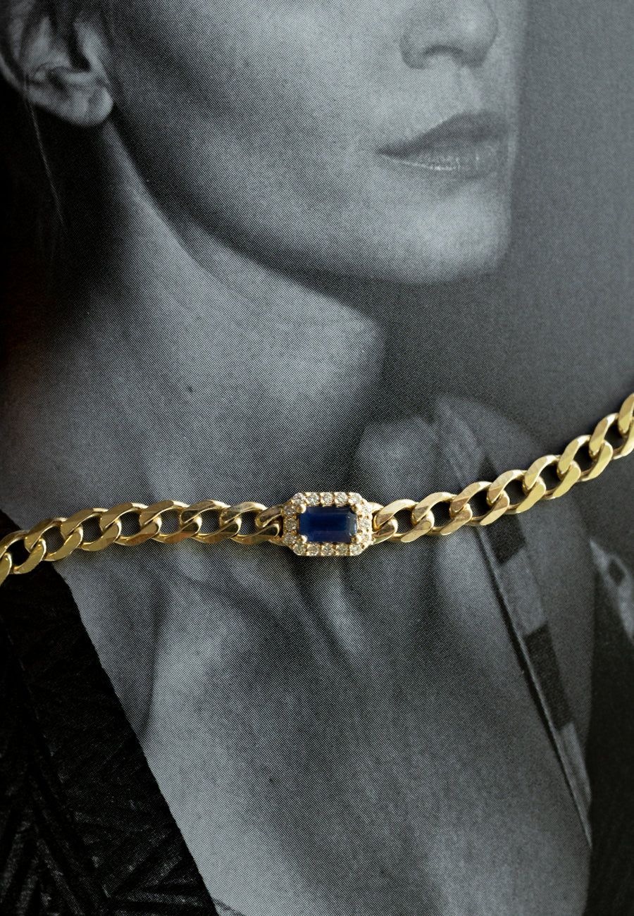 Pulsera cuban 4mm con zafiro EC c/halo en diamantes 14k