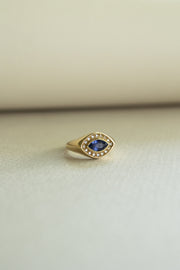 Pinky ring zafiro azul MQ c/halo en diamantes 14k