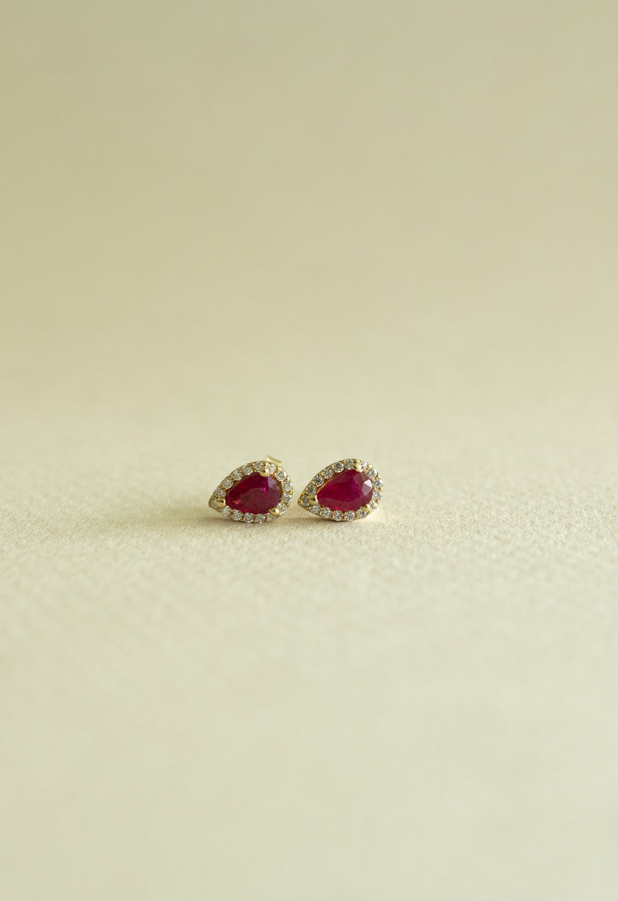Aretes rubi PS 1ct total c/halo en diamantes 14k
