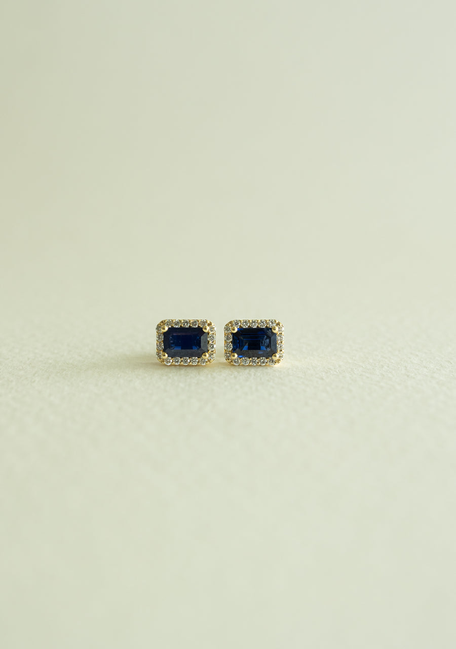 Aretes zafiro azul EC 1ct c/halo diam 0.2ct 14k