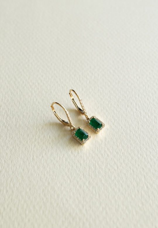 Arracadas esmerlada EC 1ct en total c/halo en diamantes 14k