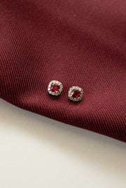 Aretes Spinel rojo CU 0.6ct con halo de diamantes 0.12ct 14K