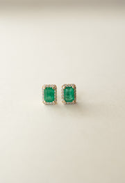 Aretes esmeralda EC 1ct total con halo de diamantes 0.2ct 14k