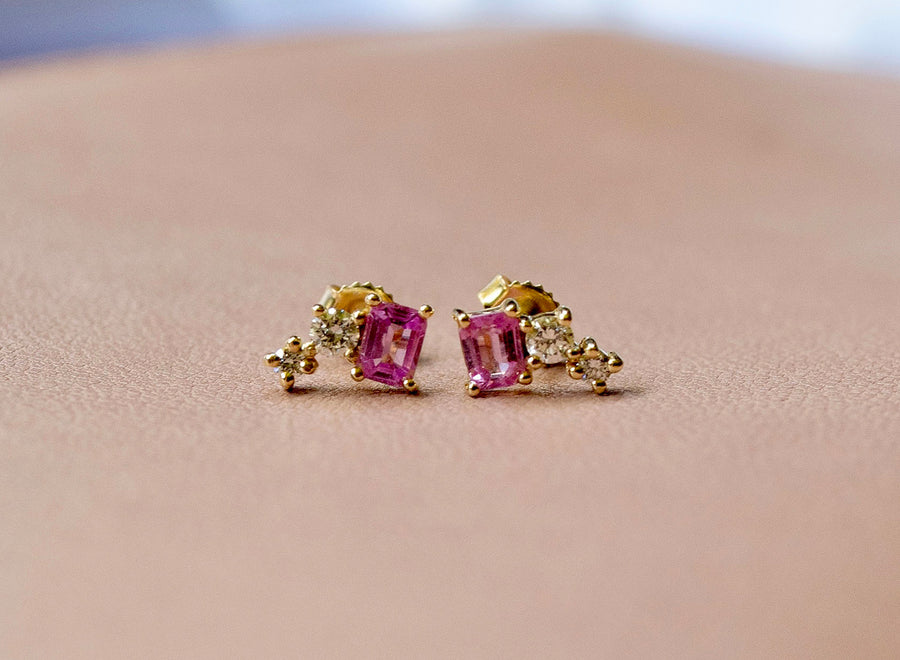 Aretes Leros Zafiros rosas y Diamantes 14k